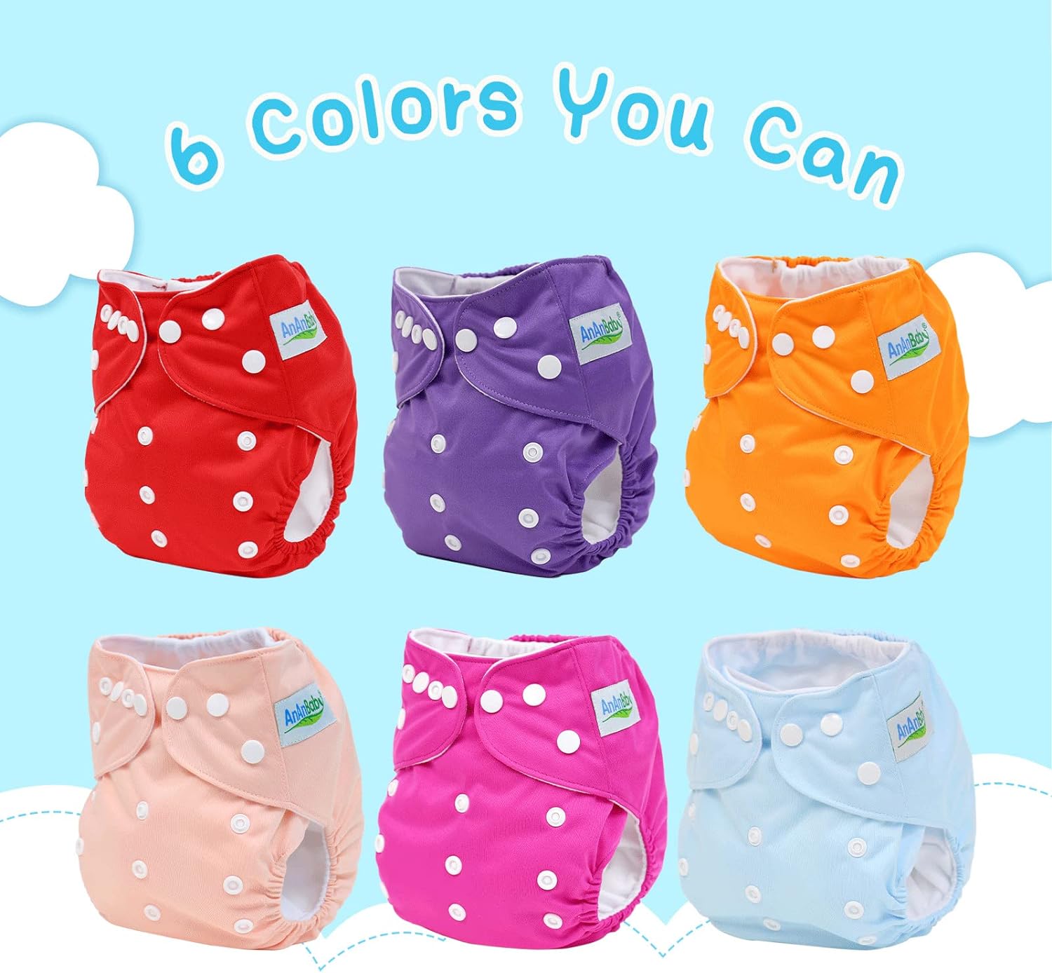 AnAnBaby Reusable Cloth Diapers for Babys, One Size Adjustable Washable Pocket Nappy Covers 6 Pack with 9pcs Microfiber Inserts for Toddler Boys & Girls - Image 2